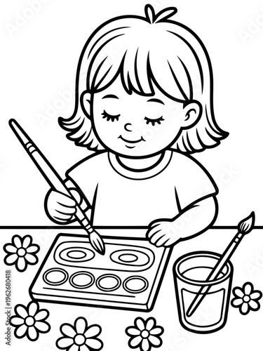 Creative Child in Art Class: Capturing the innocent imagination of a child as she engages in a world of color and creativity, with a palette, paintbrushes and flowers. 