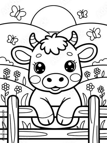 Cartoon Cow in the Field: An adorable cartoon cow peeks over a wooden fence in a charming field, surrounded by playful butterflies and wildflowers, a symbol of rural serenity.