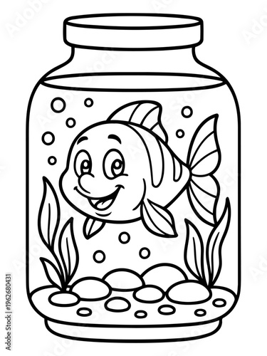 Smiling Fish in a Jar: A cheerful fish with a friendly smile, swimming happily inside a glass jar filled with water, surrounded by bubbles and aquatic plants.