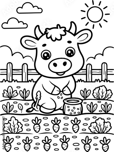 Cow cartoon with food in the garden: A cute cartoon cow sitting in the garden happily, playing with foods in a joyful scene, full of simple beauty and innocent wonder.