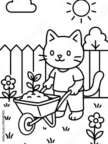 Cute Gardener Cat: A cheerful cartoon cat tending to his garden, pushing a wheelbarrow filled with soil and a newly planted sapling under a sunny sky.