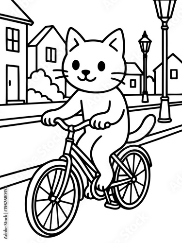 Whimsical Cat on Bicycle: A charming cartoon depicts a cheerful cat pedaling a bicycle down a peaceful suburban street, capturing a sense of simple joy and freedom.