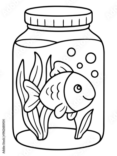 Goldfish in a Jar: A simple illustration of a goldfish swimming serenely inside a glass jar, accompanied by aquatic plants, bubbles, and a serene ambiance. 