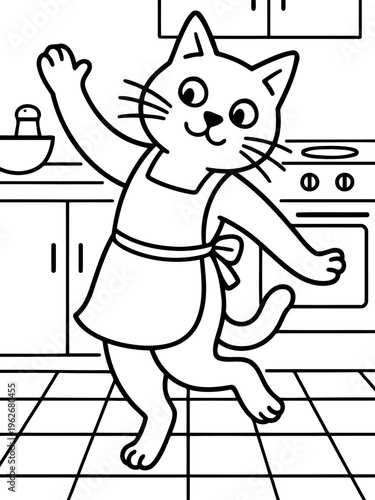 Cat Chef in Kitchen: An amusing illustration showcases a cheerful cat, donning an apron, dancing with glee in a kitchen, celebrating its culinary enthusiasm.