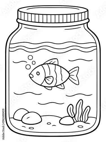 Fish in the Jar: A cute sketch of a small fish swimming in a glass jar, featuring stones, sea weed, and bubbles.