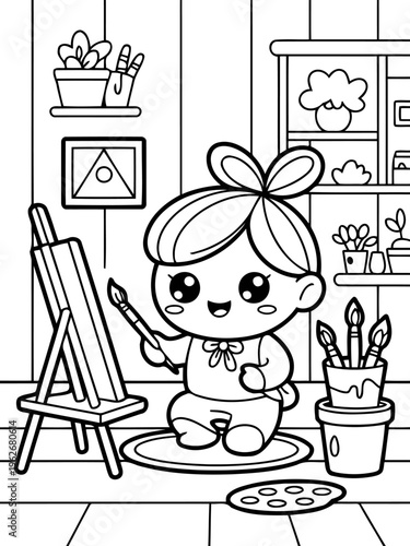 Artistic Vision: An adorable young artist with brush in hand, stands before an easel, surrounded by art supplies, capturing the spirit of creativity.