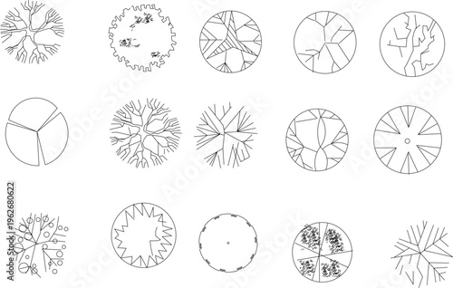 Technical architectural plan view symbols showing various trees, plants, shrubs and landscape elements in 2D line drawing style for site planning.