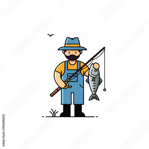 Fishing Man With Catch, Fisherman Wearing Overalls and Hat Holding a Rod With a Fish