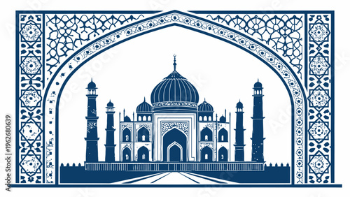 A blue and white vector illustration of the Taj Mahal in a decorative archway