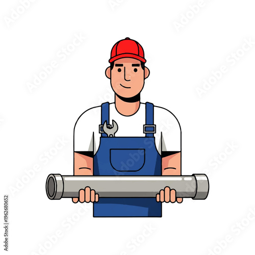 Friendly plumber in uniform with a red cap, confidently holding a pipe, ready for expert plumbing and home repair services