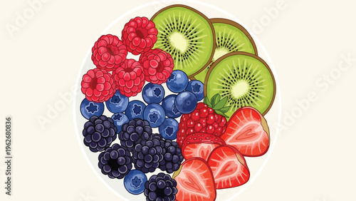 Fresh Berry Fruit Bowl Top View - Healthy Breakfast Food Illustration