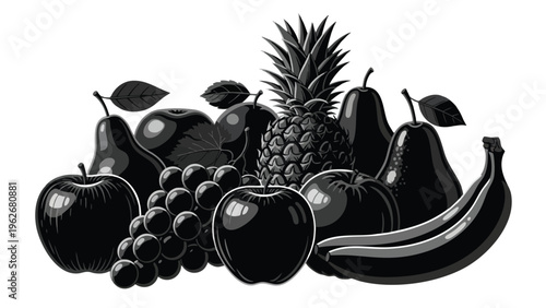 Fresh Fruit Assortment Black and White Graphic for Food Brands & Health Marketing