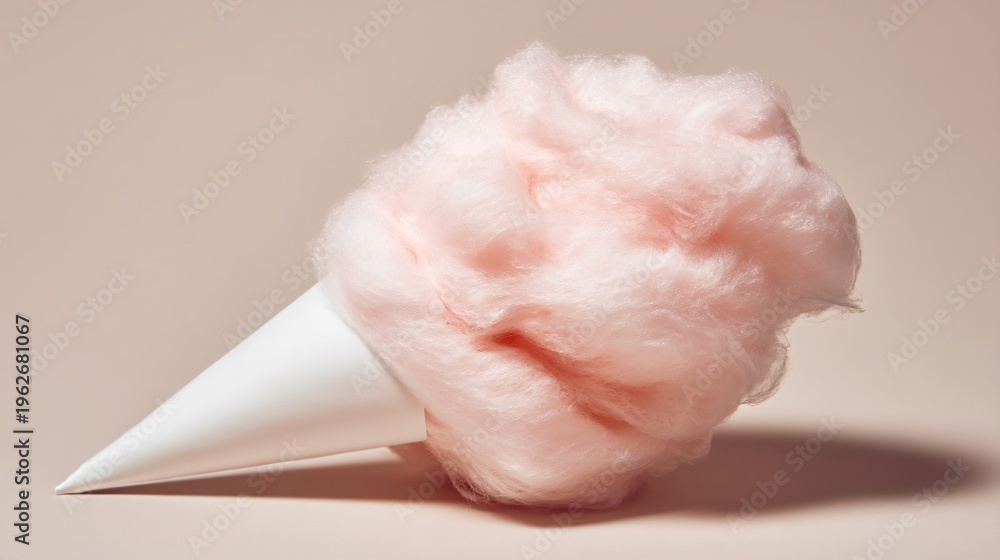Fototapeta premium National Cotton Candy Day photorealistic lifestyle image, close-up of pastel pink cotton candy on white paper cone, isolated on soft neutral background, clean commercial composition, studio lighting