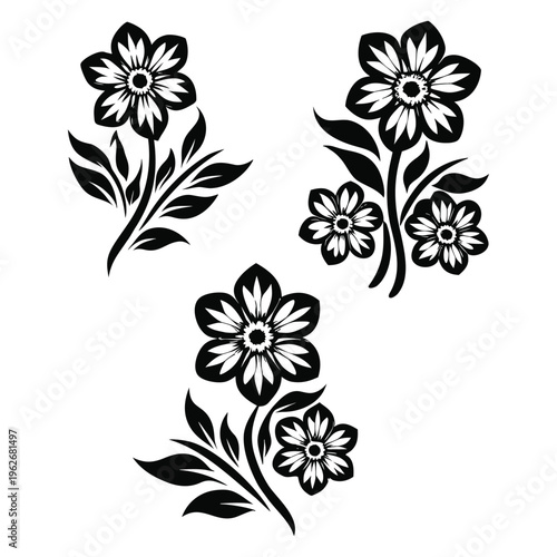 Set of three black floral silhouette illustrations featuring stylized blooming flowers with leaves and buds.