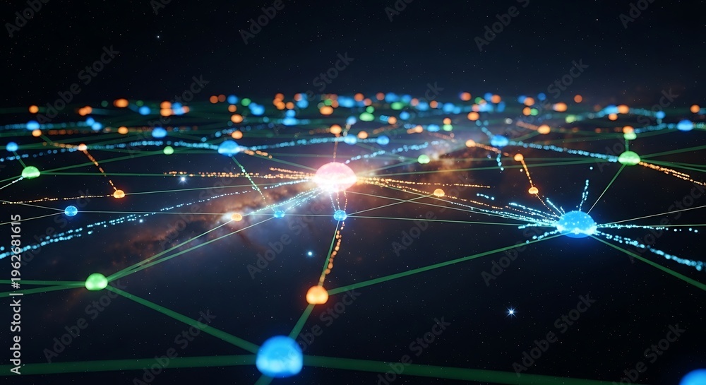 Obraz premium A vibrant abstract digital network with glowing interconnected nodes and lines on a dark background, representing data flow or technology.