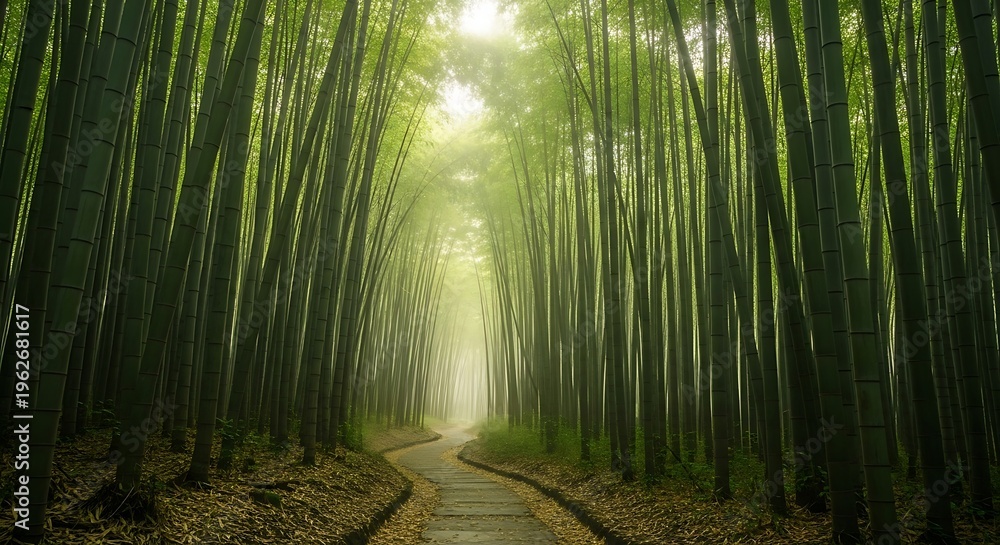 Fototapeta premium A winding path through a tall, dense bamboo forest with sunlight filtering through the canopy.