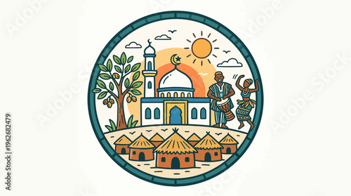 Cultural Scene with Mosque Village and Musicians