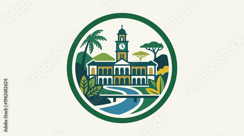 Architectural Emblem with Clock Tower and Landscape