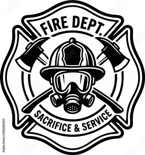 Fire Department Maltese Cross Badge Logo - Black and White Firefighter Emblem with Gas Mask Helmet Crossed Axes Sacrifice and Service Vector Illustration