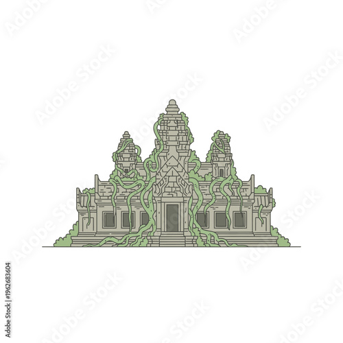 Ancient Angkor Wat Temple Complex in Cambodia Detailed Illustration.