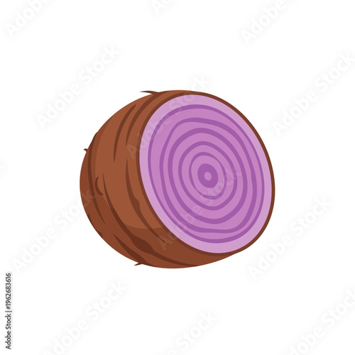 Stylized illustration of a taro root cross-section, revealing its vibrant purple interior and earthy brown skin, a healthy tropical root vegetable graphic