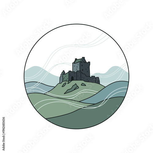 Ancient stone castle perched atop a grassy hill.