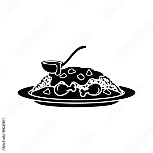 A bold graphic silhouette of a savory chicken and rice meal, with sauce generously poured over a full serving on a plate