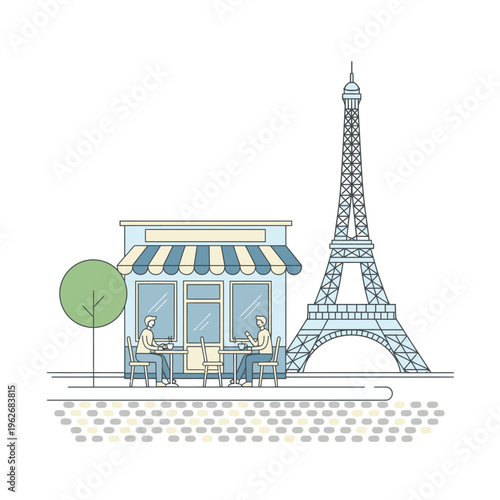 Charming Parisian Cafe Scene with Eiffel Tower Illustration.