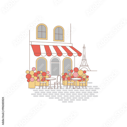 Charming Parisian Cafe Scene with Eiffel Tower Silhouette.