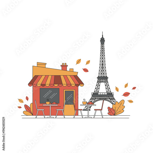 Charming Parisian Cafe Scene with Eiffel Tower Illustration.