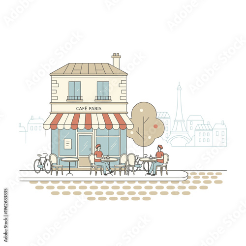Charming Parisian Cafe Scene with Patrons Enjoying Coffee.