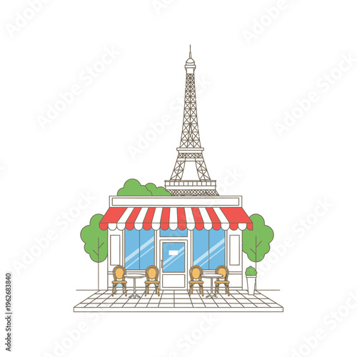 Charming Parisian Cafe with Eiffel Tower Illustration.