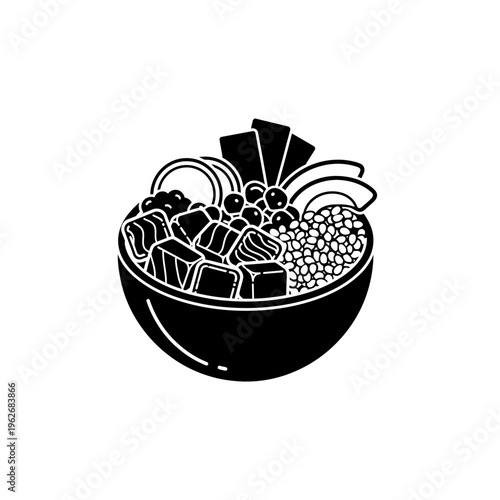 Minimalist Poke Bowl Icon A Flat Vector Graphic Representation of a Healthy Hawaiian Dish with Fresh Ingredients, Perfect for Menus and Digital Designs