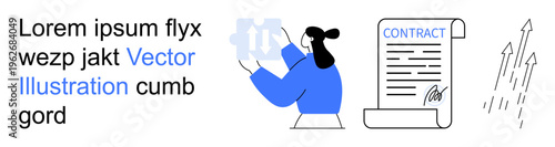 Business development, agreements, negotiations, financial growth, professional contracts, teamwork. Person examining abstract shapes, contract signed upward arrows. Business development