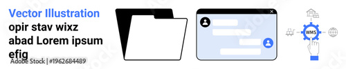 Data organization, AI automation, business workflows, information storage, digital communication, document management. Black folder, chat interface automation gear. Data organization AI automation