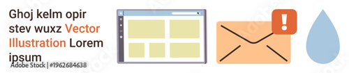 Email notifications, digital communication, warning alerts, online services, user interface, water conservation. Enclosed mail with alert icon alongside web browser and drop symbol. Email