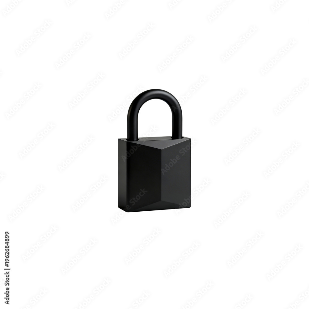 Fototapeta premium Matte black padlock isolated on white background, 3D modern geometric security lock icon for cyber safety, data protection and privacy symbol.