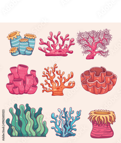 Dive into a colorful collection of diverse stylized coral reef elements, featuring an array of vibrant sea flora and underwater organisms for imaginative aquatic designs