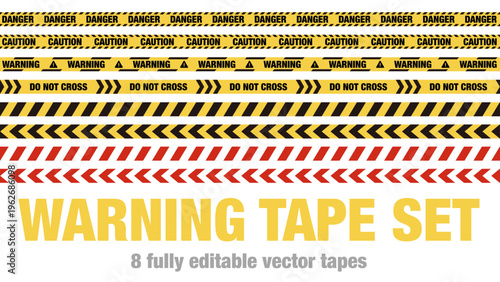 Warning tape set with 8 fully editable vector designs including danger, caution, and chevron styles. Ideal for construction, safety, and alert-themed graphic projects.
