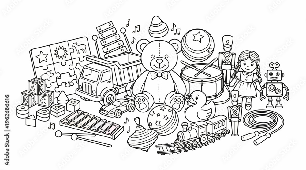 Fototapeta premium Black and white line art illustration of a large assortment of children's toys, including a teddy bear, truck, doll, robot, and musical instruments.