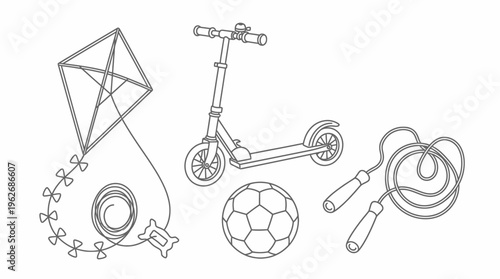 Line art illustration of various outdoor play equipment including a kite, scooter, soccer ball, and jump rope.