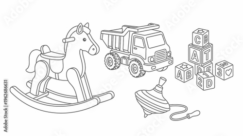 Line art illustration of various classic children's toys including a rocking horse, dump truck, alphabet blocks, and a spinning top.