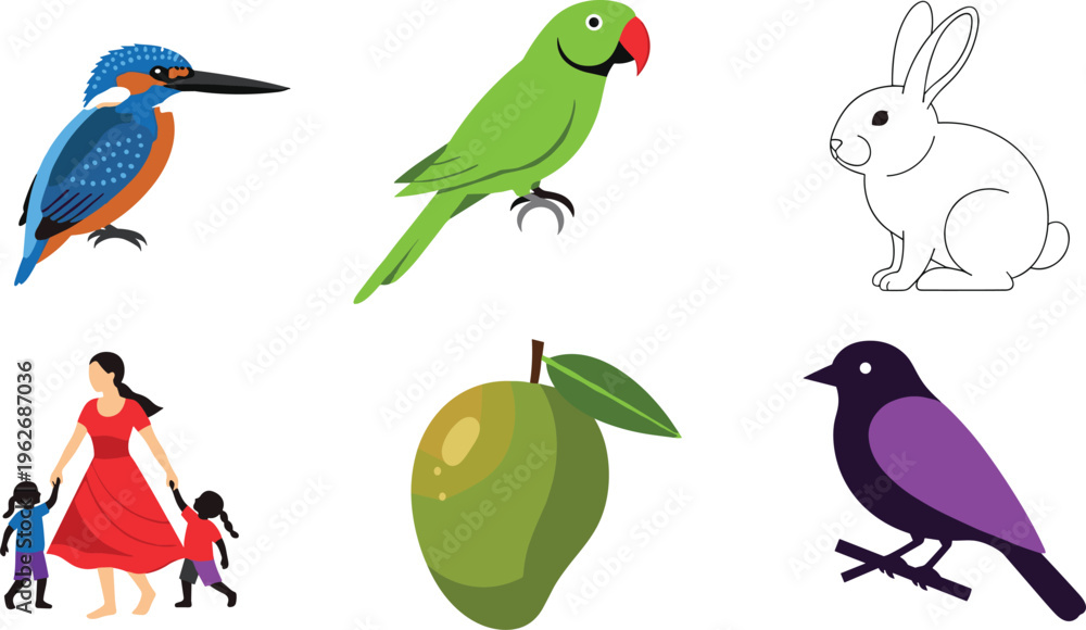 Fototapeta premium Colorful Illustration Set Featuring Birds Rabbit Family Scene and Mango Fruit in Flat Minimal Vector Style Collection