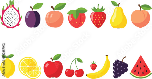 Colorful Fruit Illustration Set Featuring Apple Banana Strawberry Lemon Grapes Watermelon and Exotic Fruits in Flat Modern Vector Design Collection