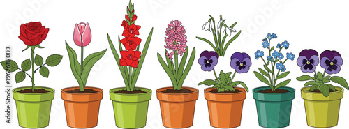 Colorful Potted Flower Illustration Set Featuring Rose Tulip Hyacinth and Spring Bloom Plants in Decorative Garden Vector Collection