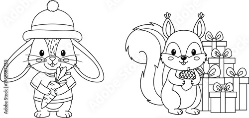 Cute Bunny and Squirrel Cartoon Characters with Gift Boxes and Carrot Black and White Coloring Page Vector Illustration for Kids Activity Books