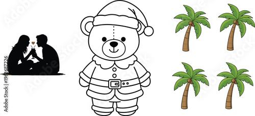 Cute Christmas Teddy Bear Outline with Romantic Couple Silhouette and Palm Tree Icon Set Featuring Holiday Cartoon and Tropical Nature Vector Illustration