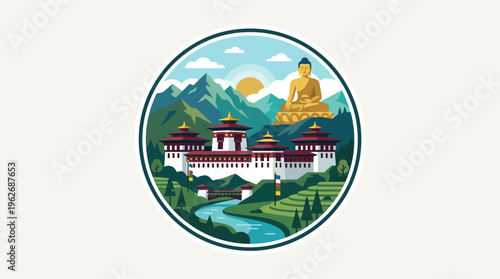 Bhutanese Landscape with Fortress and Buddha
