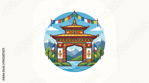 Bhutanese Temple Gate with Prayer Flags in Circle