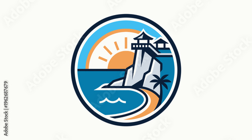 Coastal Scene with Pagoda and Rising Sun Logo